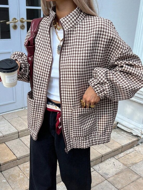 MODA ME COUTURE Jackets & Blazers - Brown Casual Women's Loose Fit Houndstooth Jacket